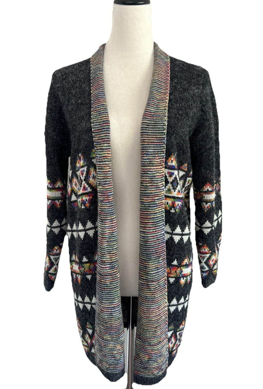 Dreamers Aztec Cardigan Sweater Women Med Gray Long Open Front Southwestern Boho